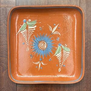 Vintage Mexican Hand-Painted Terracotta Decorative Square Tray with Floral Motif